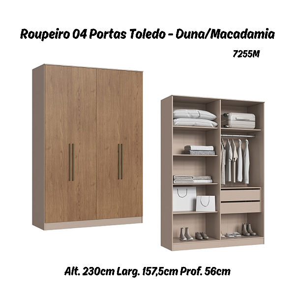Roupeiro 04 Portas Toledo 100% MDF - 7255M - Duna/Macadamia - Móveis Castro