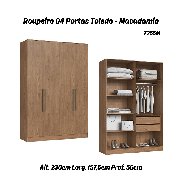 Roupeiro 04 Portas Toledo 100% MDF - 7255M - Macadamia - Móveis Castro