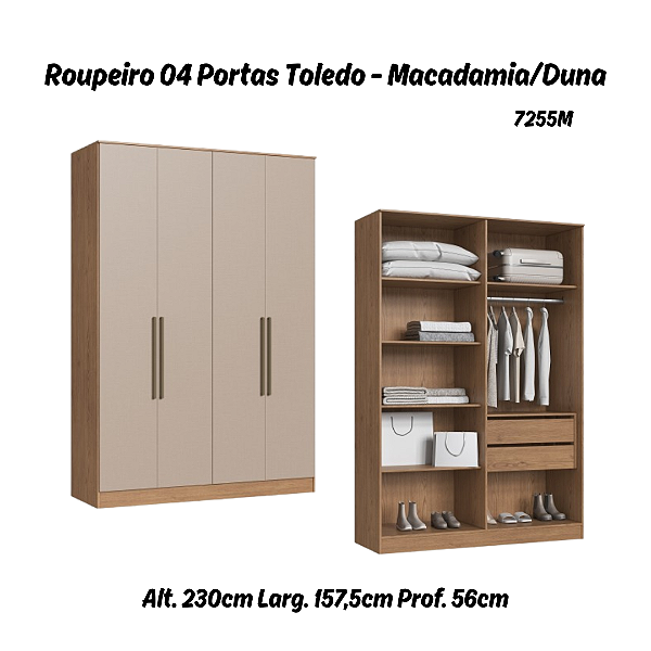 Roupeiro 04 Portas Toledo 100% MDF - 7255M - Macadamia/Duna - Móveis Castro