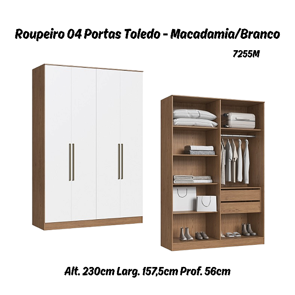 Roupeiro 04 Portas Toledo 100% MDF - 7255M - Macadamia/Branco - Móveis Castro