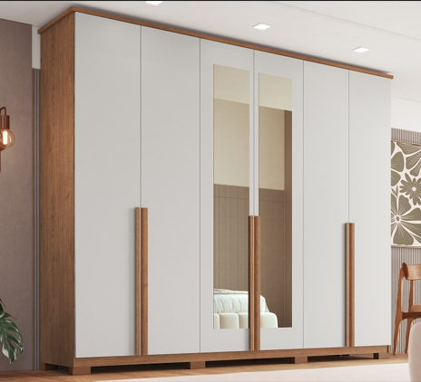 Roupeiro 06 Portas Vegas 100% MDF c/ Espelho - 3465M - Macadamia/Off White - Moveis Castro