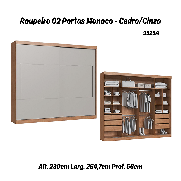 Roupeiro 02 Portas de Correr Monaco - 9525A - Cedro/Cinza - Moveis Castro