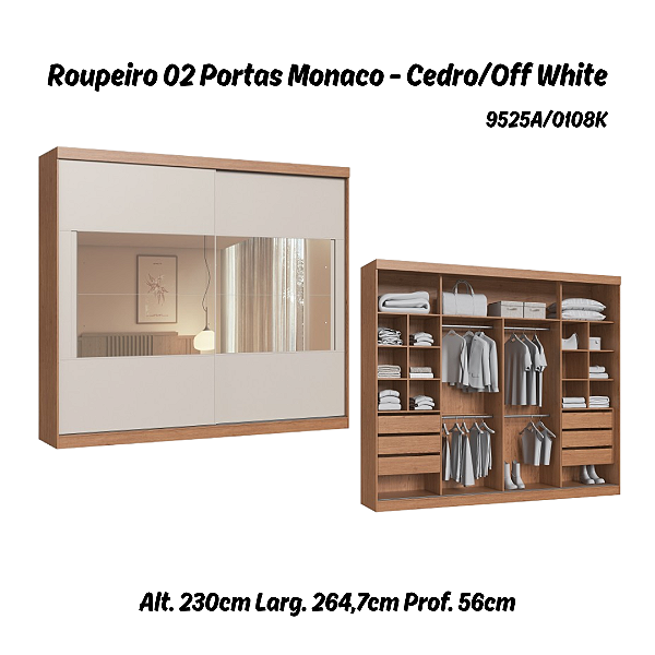 Roupeiro 02 Portas de Correr Monaco c/ Espelho G - 9525A - Cedro/Off White - Moveis Castro