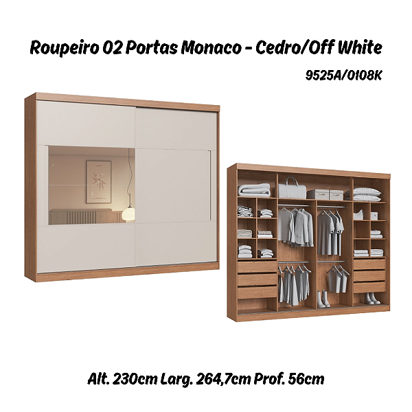 Roupeiro 02 Portas de Correr Monaco c/ Espelho P - 9525A - Cedro/Off White - Moveis Castro