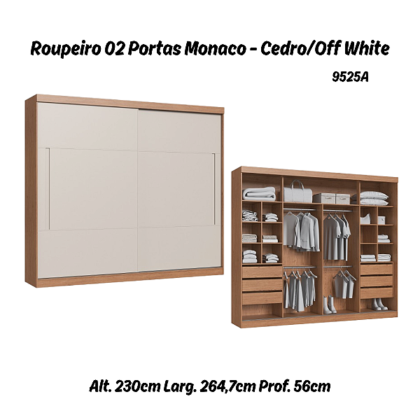Roupeiro 02 Portas de Correr Monaco - 9525A - Cedro/Off White - Moveis Castro