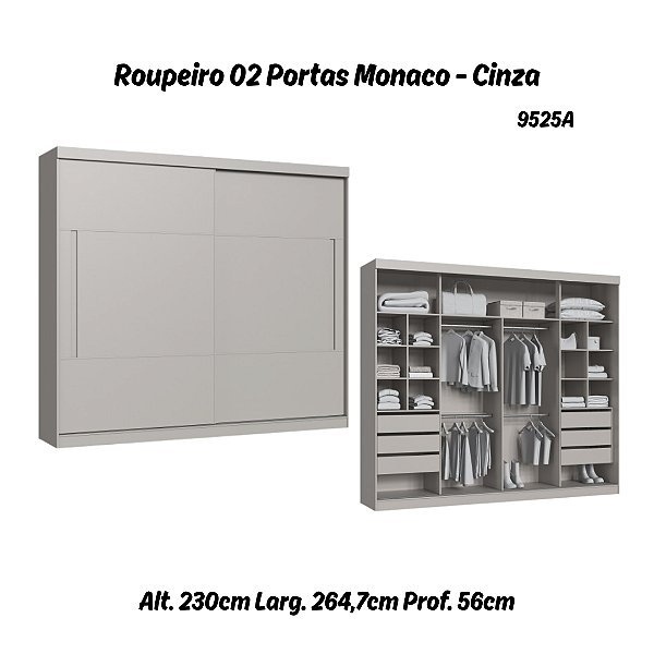 Roupeiro 02 Portas de Correr Monaco - 9525A - Cinza - Moveis Castro