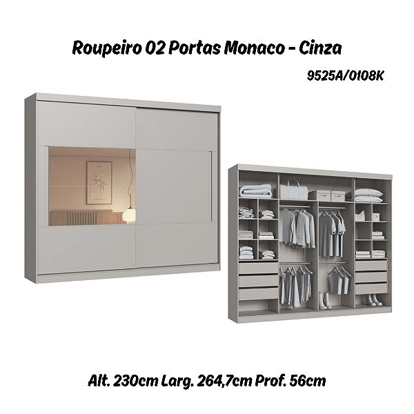 Roupeiro 02 Portas de Correr Monaco c/ Espelho P - 9525A - Cinza - Moveis Castro