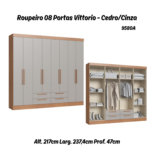 Roupeiro 08 Portas Vittorio - 9580A - Cedro/Cinza - Moveis Castro