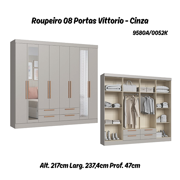 Roupeiro 08 Portas Vittorio c/ Espelho G - 9580A - Cinza - Moveis Castro
