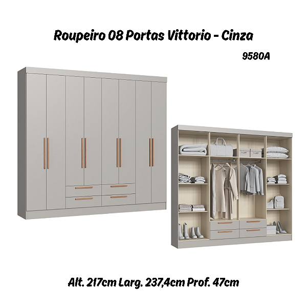 Roupeiro 08 Portas Vittorio - 9580A - Cinza - Moveis Castro