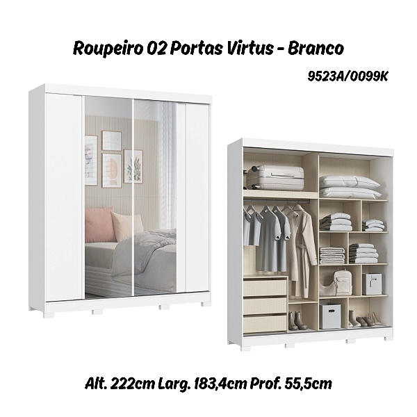 Roupeiro 02 Portas Virtus c/ Porta Espelho G - 9523A - Branco - Moveis Castro