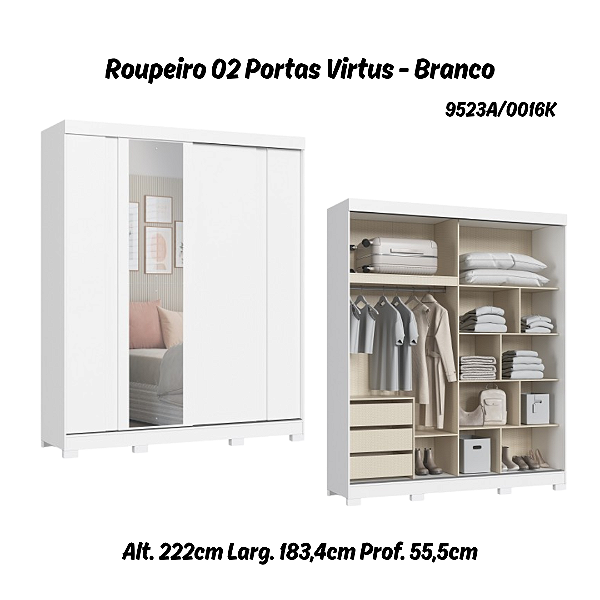 Roupeiro 02 Portas Virtus c/ Porta Espelho PP - 9523A - Branco - Moveis Castro