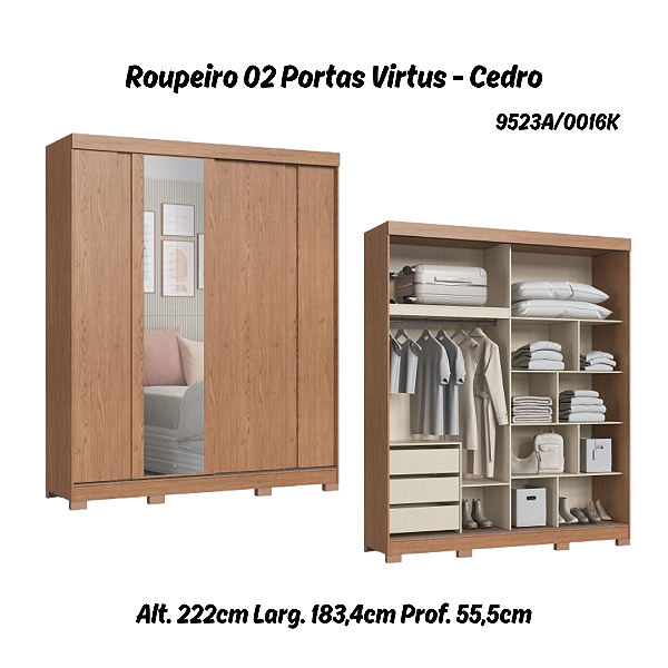 Roupeiro 02 Portas Virtus c/ Porta Espelho PP - 9523A - Cedro - Moveis Castro