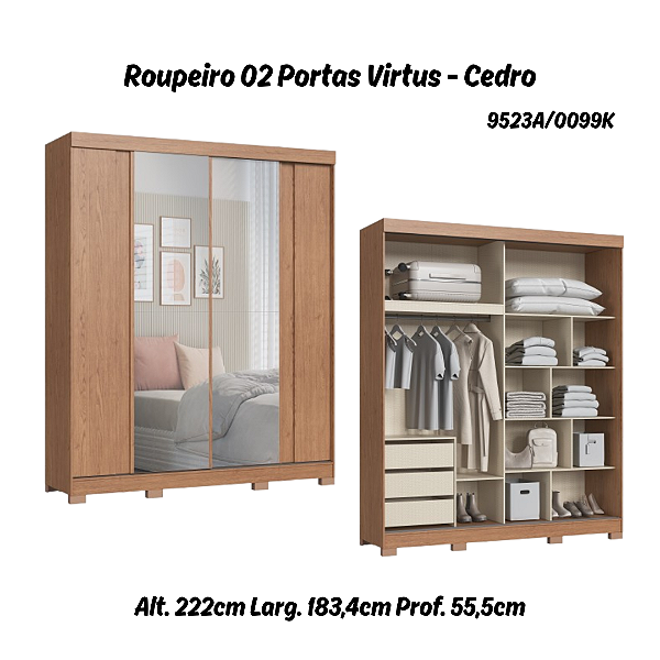 Roupeiro 02 Portas Virtus c/ Porta Espelho G - 9523A - Cedro - Moveis Castro