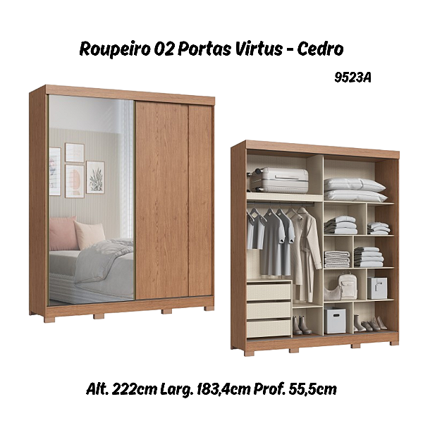 Roupeiro 02 Portas Virtus c/ Porta Espelho - 9523A - Cedro - Moveis Castro