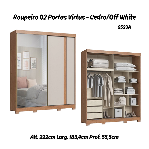 Roupeiro 02 Portas Virtus c/ Porta Espelho - 9523A - Cedro/Off White - Moveis Castro