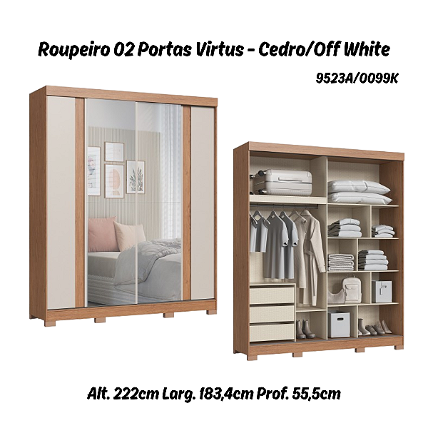 Roupeiro 02 Portas Virtus c/ Porta Espelho G - 9523A - Cedro/Off White - Moveis Castro