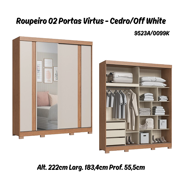 Roupeiro 02 Portas Virtus c/ Porta Espelho P - 9523A - Cedro/Off White - Moveis Castro