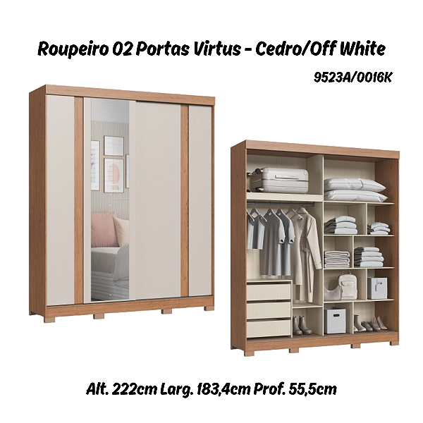 Roupeiro 02 Portas Virtus c/ Porta Espelho PP - 9523A - Cedro/Off White - Moveis Castro
