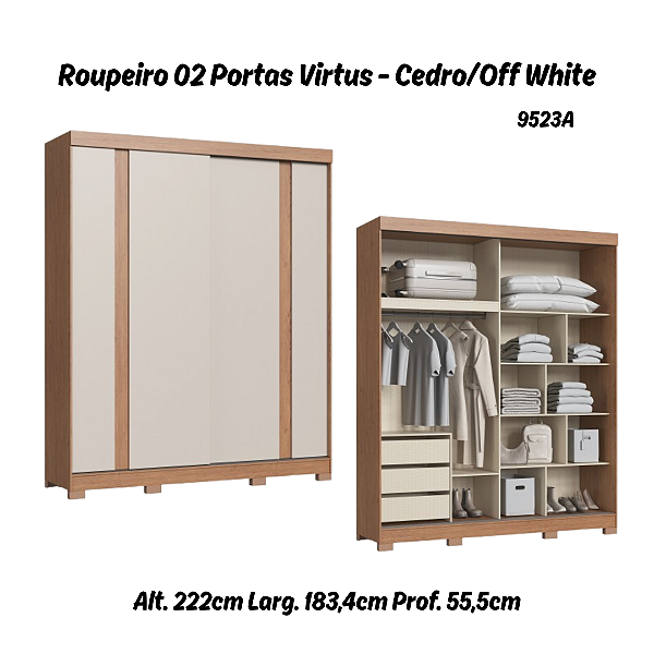 Roupeiro 02 Portas Virtus - 9523A - Cedro/Off White - Moveis Castro