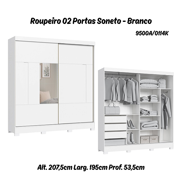 Roupeiro 02 Portas de Correr Soneto c/ Espelho P - 9500A - Branco - Moveis Castro