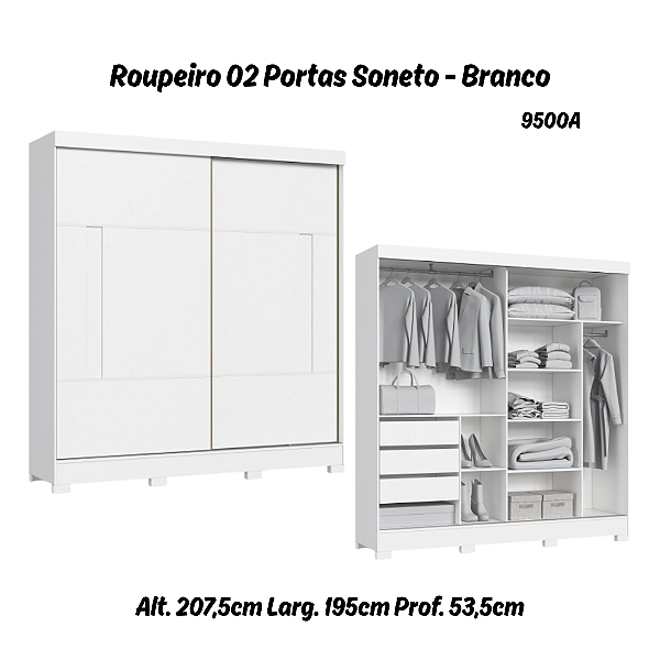 Roupeiro 02 Portas de Correr Soneto - 9500A - Branco - Moveis Castro