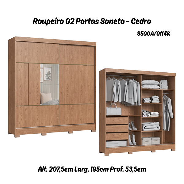Roupeiro 02 Portas de Correr Soneto c/ Espelho P - 9500A - Cedro - Moveis Castro