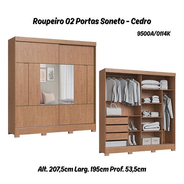 Roupeiro 02 Portas de Correr Soneto c/ Espelho G - 9500A - Cedro - Moveis Castro