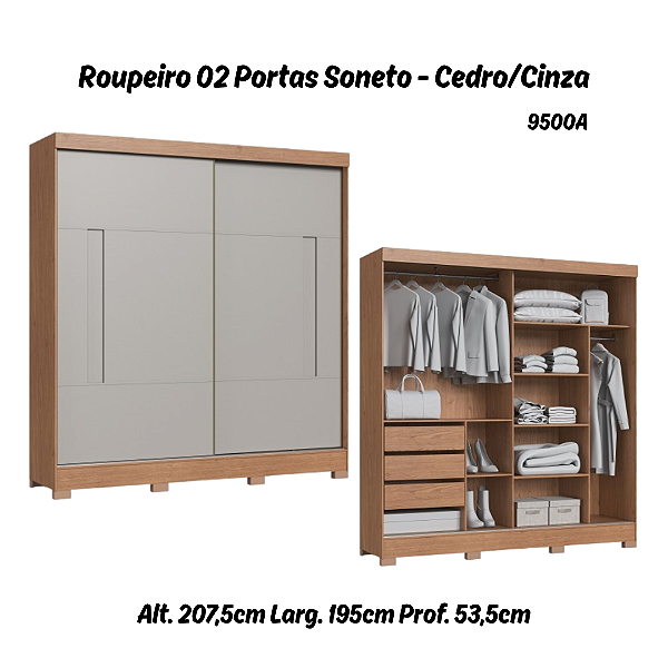 Roupeiro 02 Portas de Correr Soneto - 9500A - Cedro/Cinza - Moveis Castro