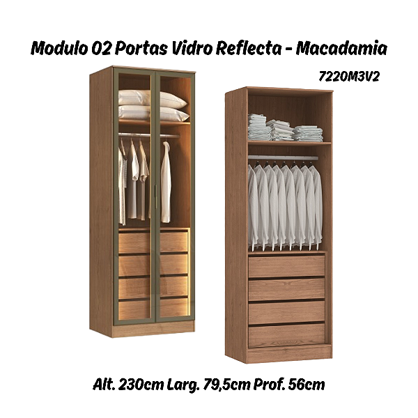 Módulo 02 Portas c/ Vidro Reflecta Requinte - 7220M3V2 - Macadamia - Moveis Castro