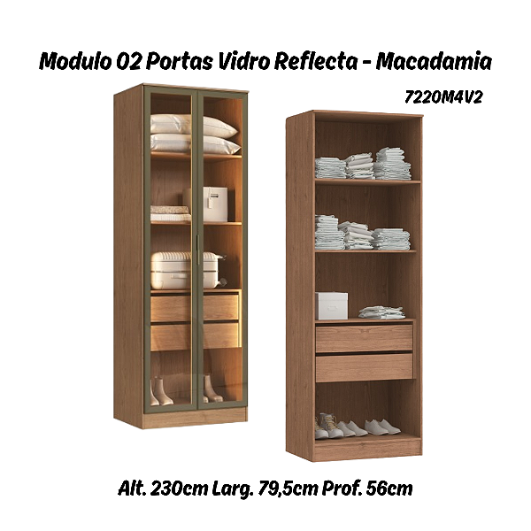 Módulo 02 Portas c/ Vidro Reflecta Requinte - 7220M4V2 - Macadamia - Moveis Castro