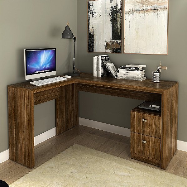 Mesa Escrivaninha de Canto c/ Gavetas - ME4129 - Nogal - Tecno Mobili