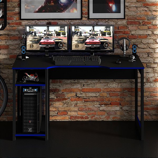 Mesa Escrivaninha Gamer - ME4152 - Preto/Azul - Tecno Mobili