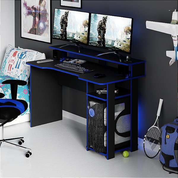 Mesa Escrivaninha Gamer - ME4153 - Preto/Azul - Tecno Mobili