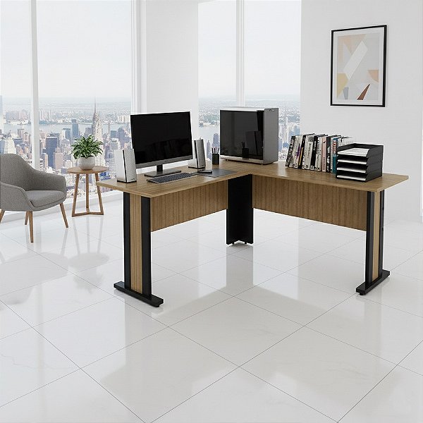Mesa Escrivaninha de Canto - ME4195 - Amendoa/Preto - Tecno Mobili