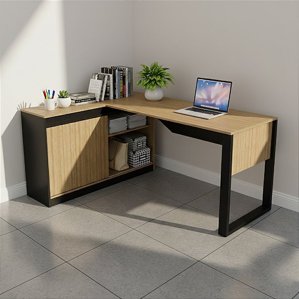 Mesa Escrivaninha c/ Balcão - ME4201 - Amendoa/Preto - Tecno Mobili