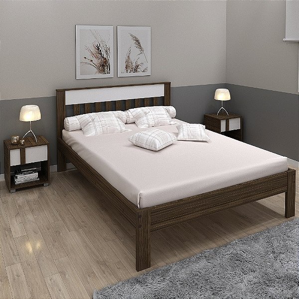 Cama de Casal - CM8007 - Nogal/Branco - Tecno Mobili