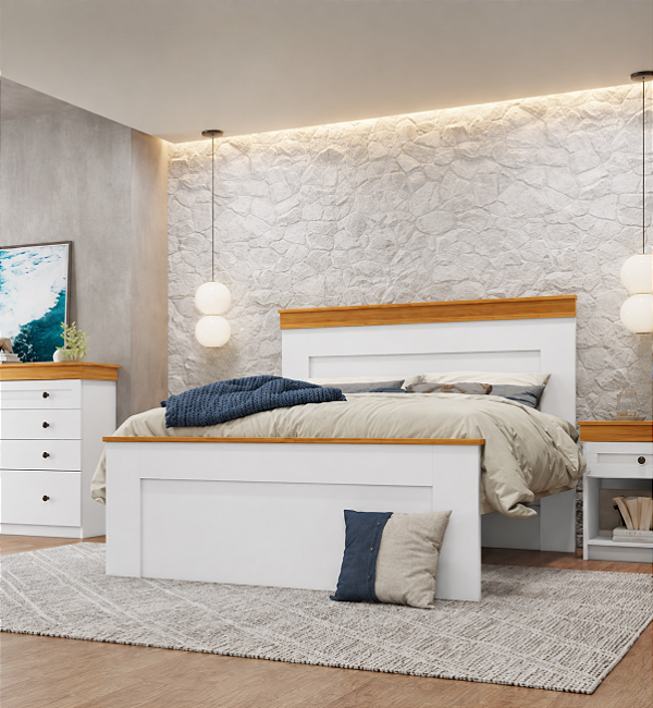 Cama de Casal England - Branco/Freijo - Moveis Primavera