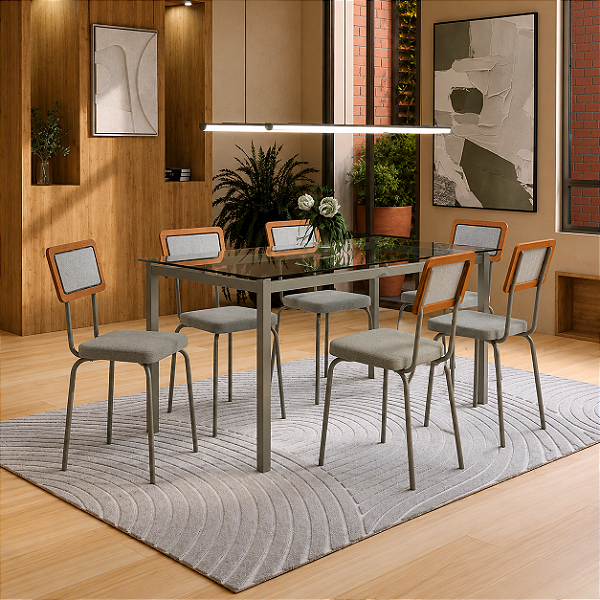 Conjunto Mesa Reno 150cm c/ Vidro + 06 Cadeiras Petra - Kappesberg