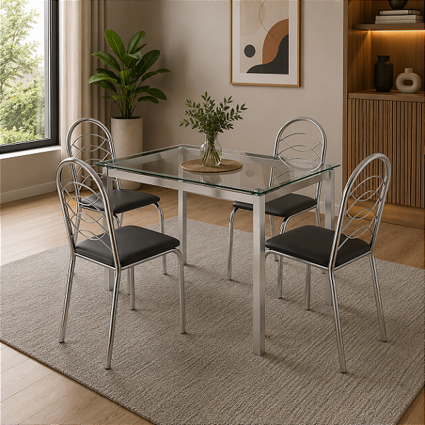 Conjunto Mesa Reno 90cm c/ Vidro + 04 Cadeiras Holanda - Kappesberg Crome
