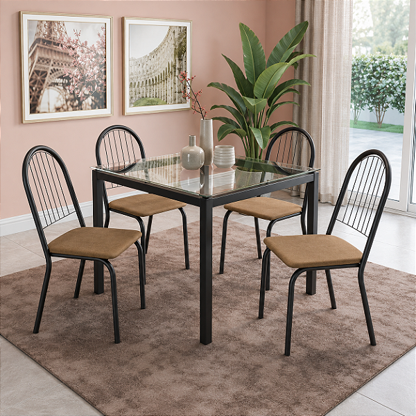 Conjunto Mesa Reno 90cm c/ Vidro + 04 Cadeiras Noruega - Kappesberg Crome