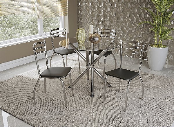 Conjunto Mesa Volga 95cm c/ Vidro + 04 Cadeiras Portugal - Kappesberg Crome