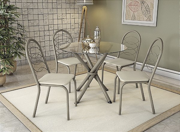 Conjunto Mesa Volga 95cm c/ Vidro + 04 Cadeiras Holanda - Kappesberg Crome