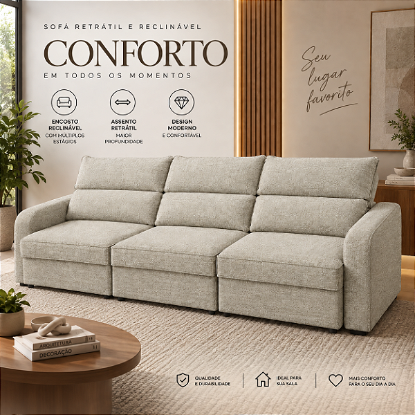 Sofá Retratil e Reclinável Niro 322cm - Estofados Rincão