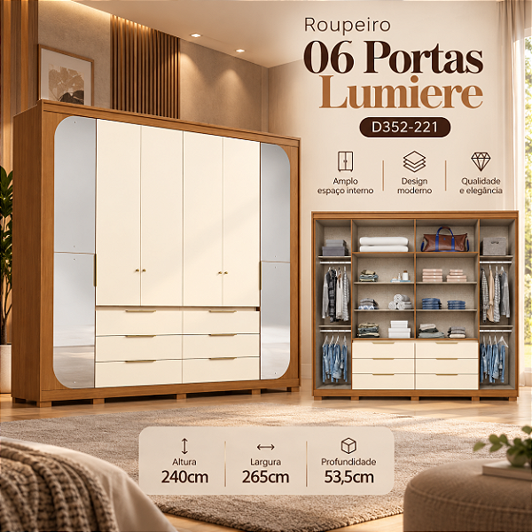 Roupeiro 265cm 06 Portas Lumiere - Ref. D352-221 - Cinamomo/Off White - Móveis Henn