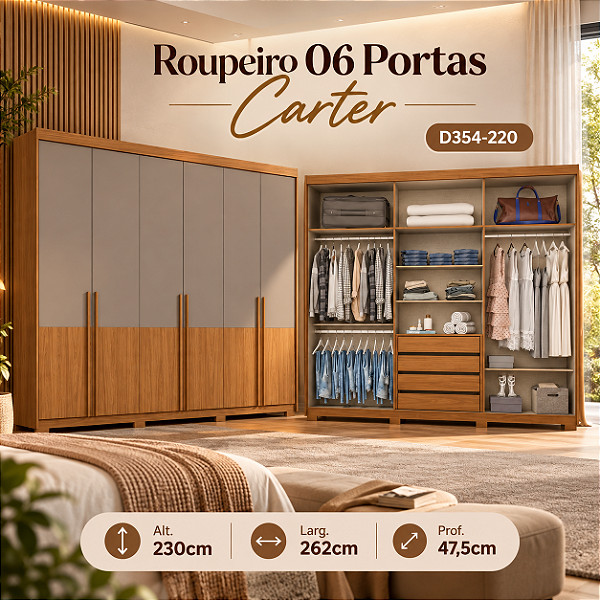 Roupeiro 262cm 06 Portas Carter - Ref. D354-220 - Cinamomo/Avela - Móveis Henn