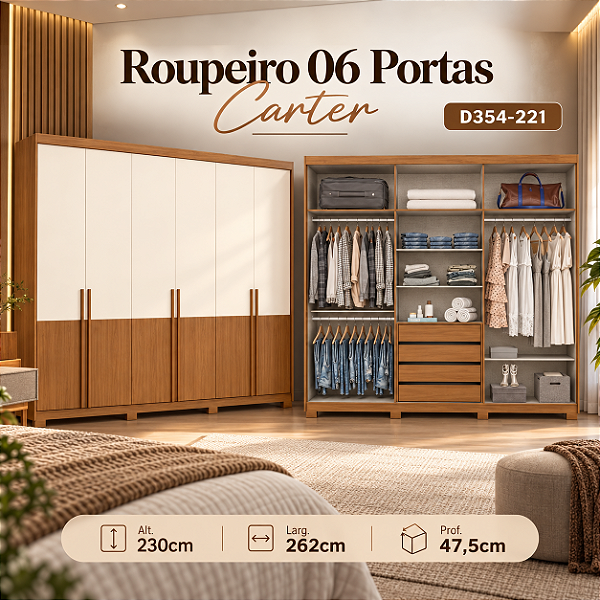 Roupeiro 262cm 06 Portas Carter - Ref. D354-221 - Cinamomo/Off White - Móveis Henn
