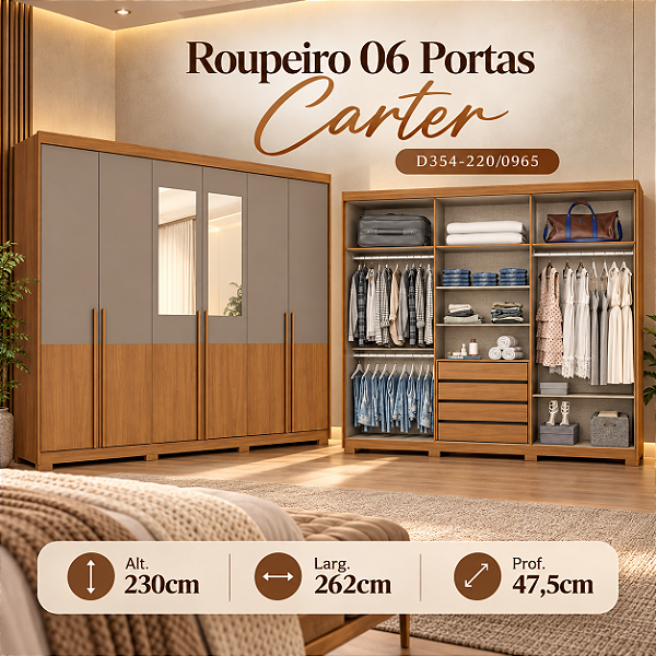 Roupeiro 262cm 06 Portas Carter c/ Espelho - Ref. D354-220 - Cinamomo/Avela - Móveis Henn