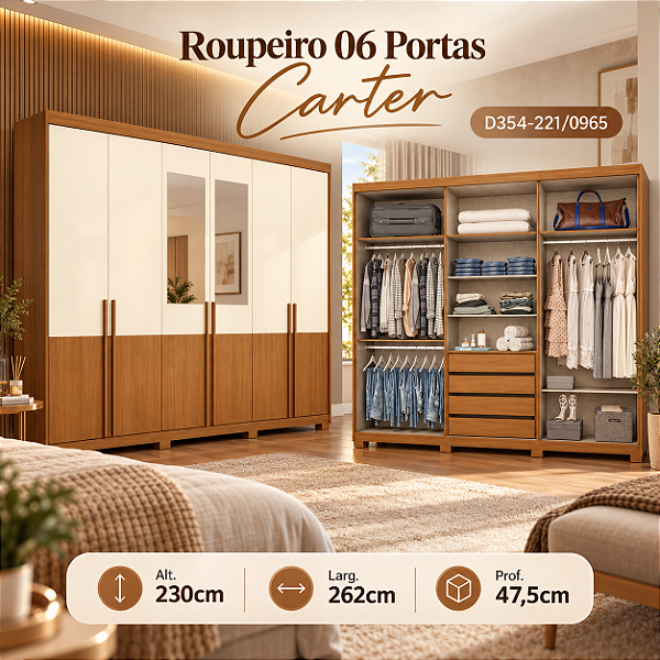 Roupeiro 262cm 06 Portas Carter c/ Espelho - Ref. D354-221 - Cinamomo/Off White - Móveis Henn