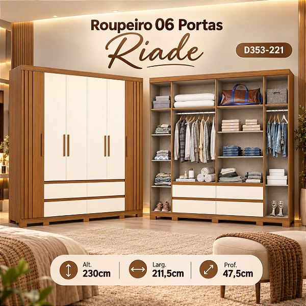 Roupeiro 211,5cm 06 Portas Riade - Ref. D353-221 - Cinamomo/Off White - Móveis Henn